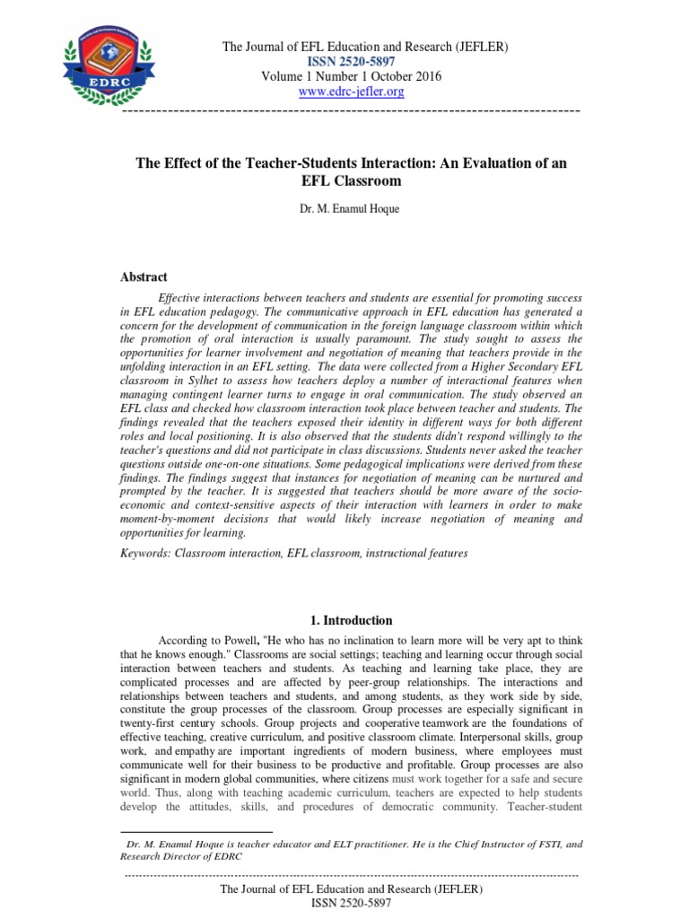 Teacher-Student Interaction in EFL Classrooms | PDF | English As A ...