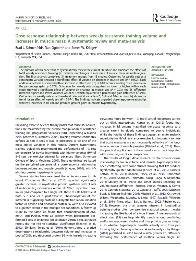 Doseresponse relationship between weekly resistance training volume and increases in muscle
