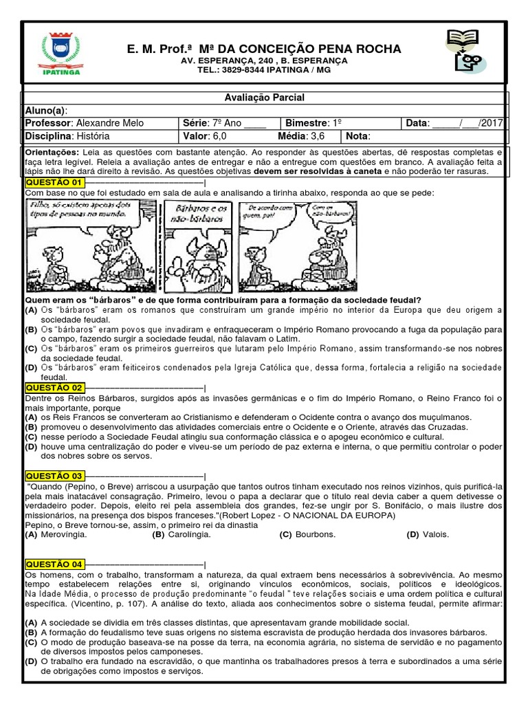 Prova De Historia 7 Ano 1 Bimestre Com Gabarito