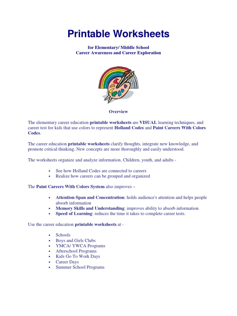 career exploration printable worksheets worksheet schools