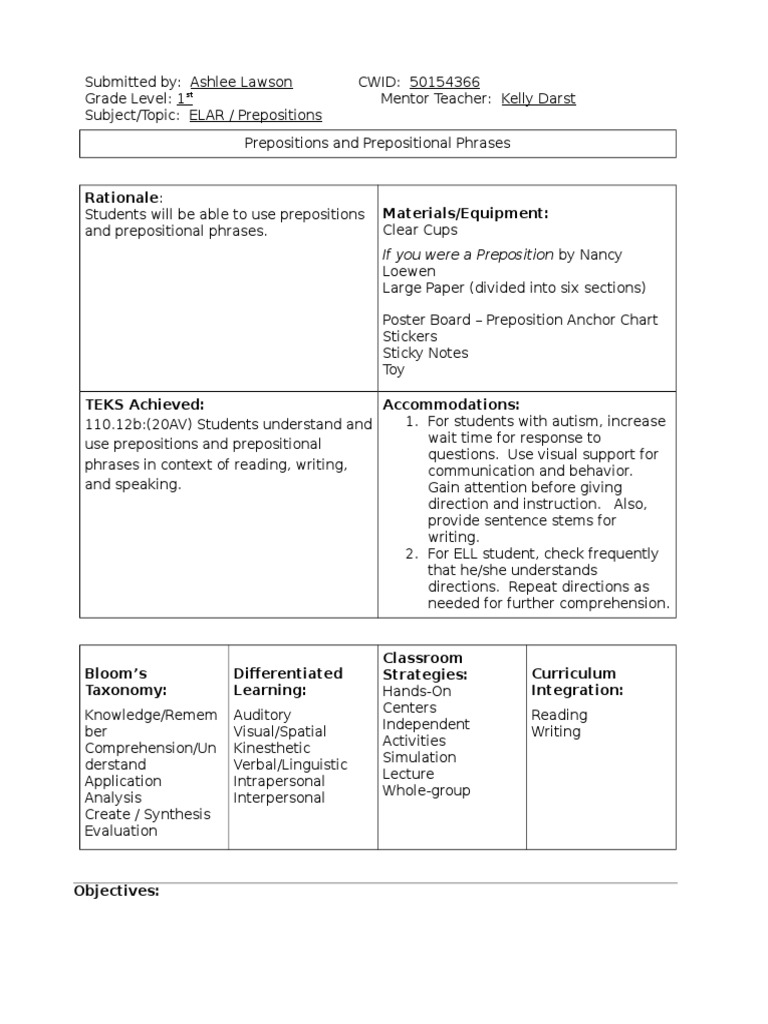 Prepositions and Phrases Lesson Plan | PDF | Preposition And ...