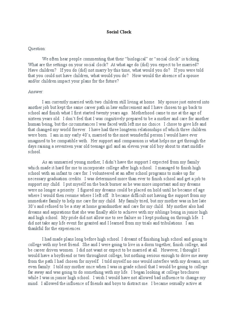 Social Clock Essay PDF Mother Secondary School