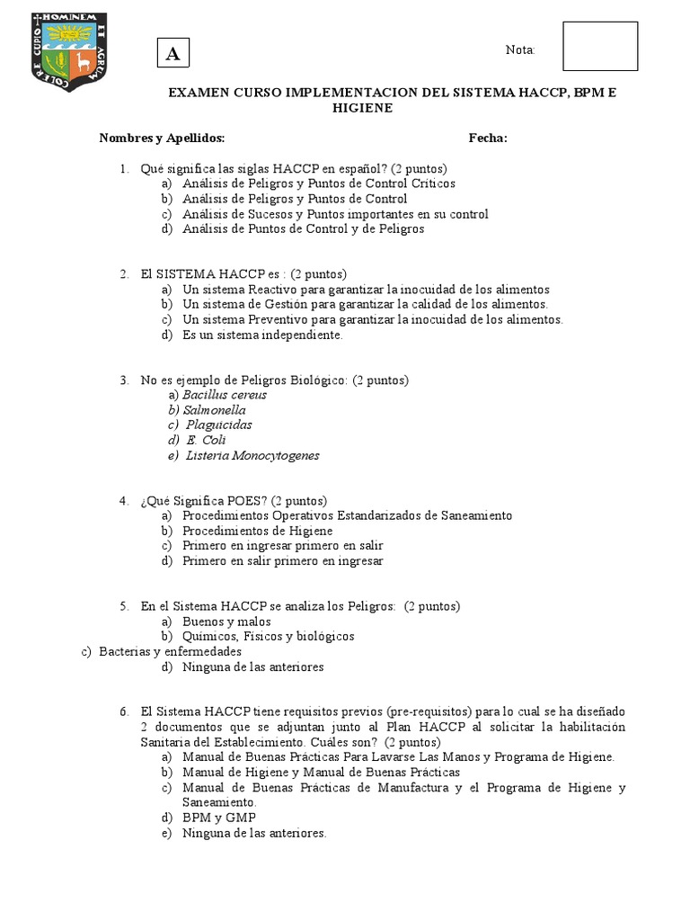 Examen Haccp A PDF Análisis de Riesgo y Puntos Críticos de