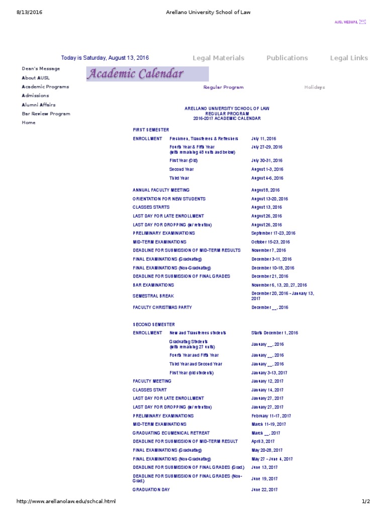 20162017 Arellano University School of Law Academic Calendar PDF