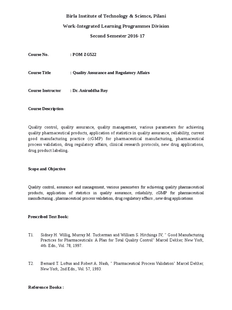POM ZG522: QA & RA Course Overview | PDF | Pharmaceutical Drug | Test ...