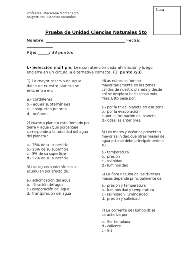 Prueba de Unidad 1 Ciencias Naturales 5to  Oceans  Water