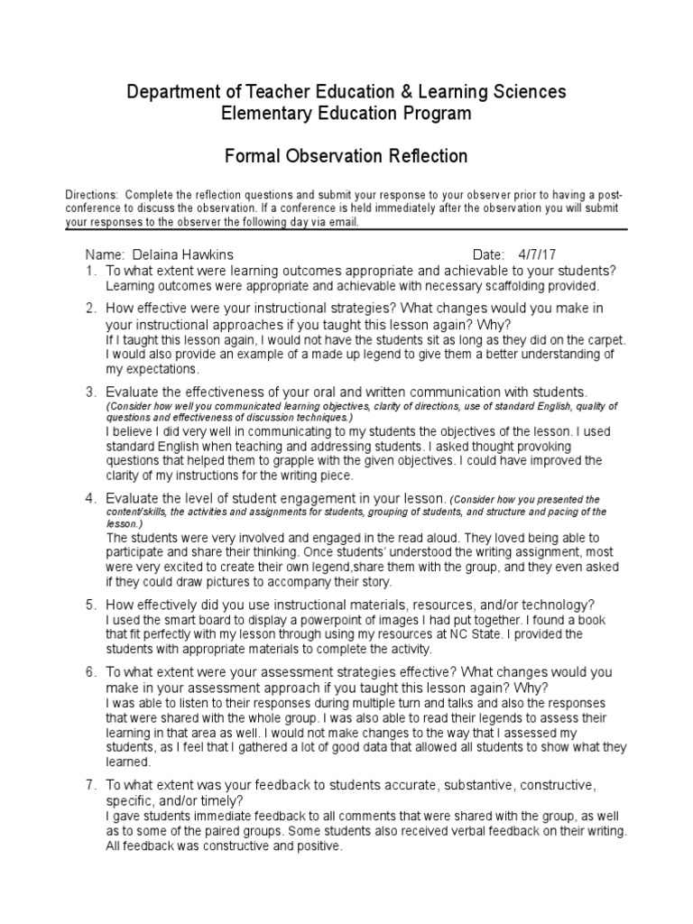 Postobservationreflection | PDF | Pedagogy | Learning