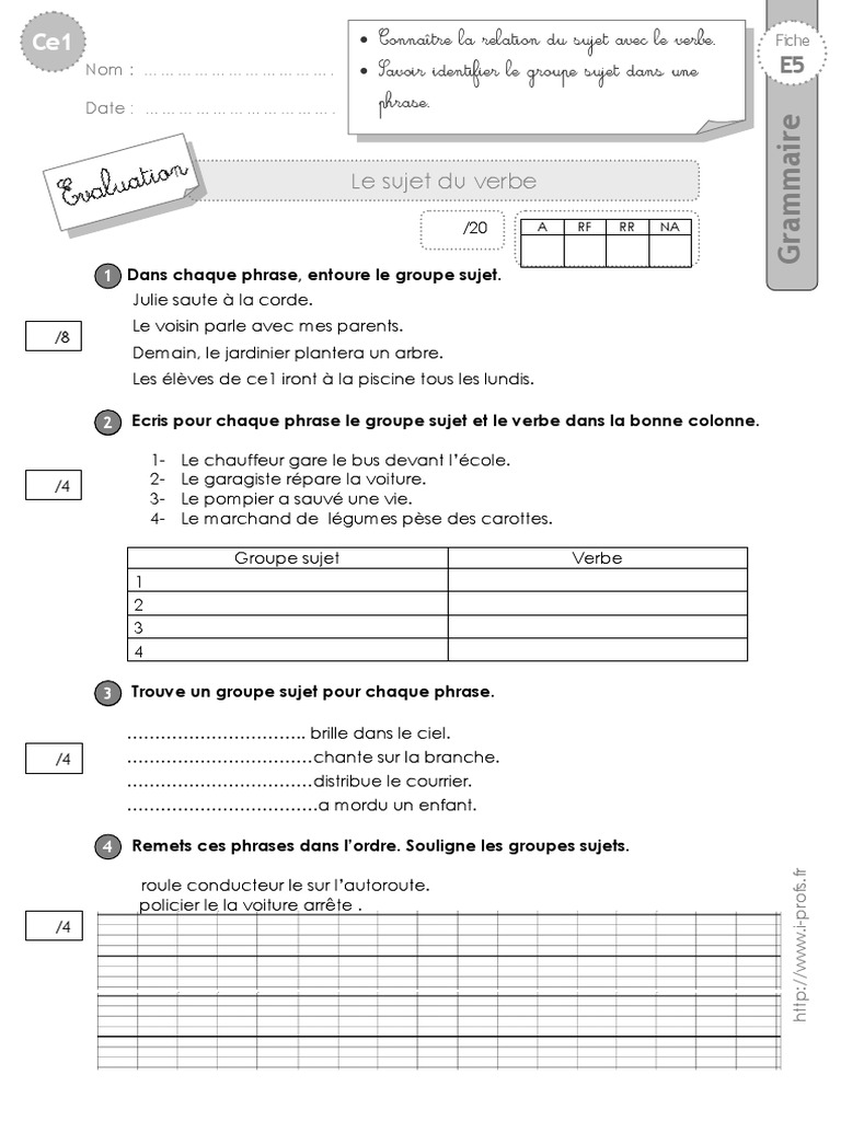 Exercices Groupe Sujet Cm2 Imprimer Ce1 Evaluation Sujet | PDF | Sujet (Grammaire) | Phrase