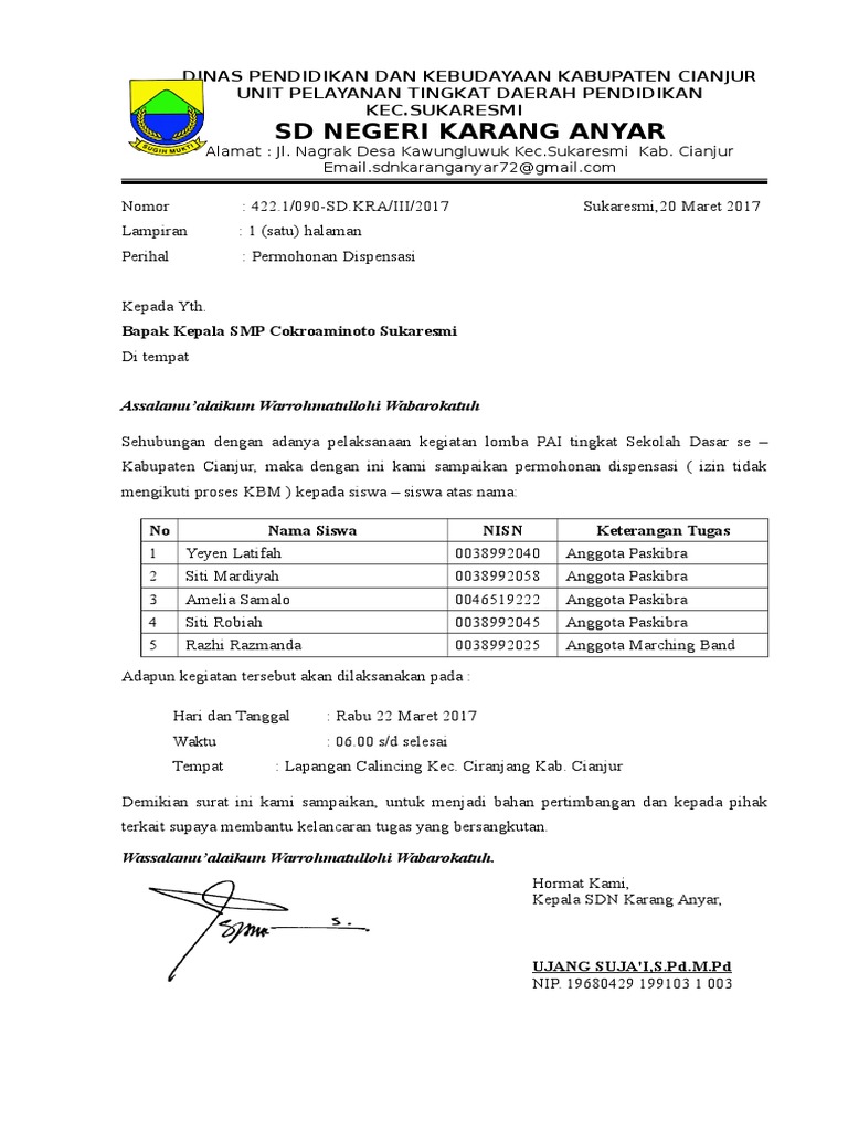 Surat Dispensasi Kerja