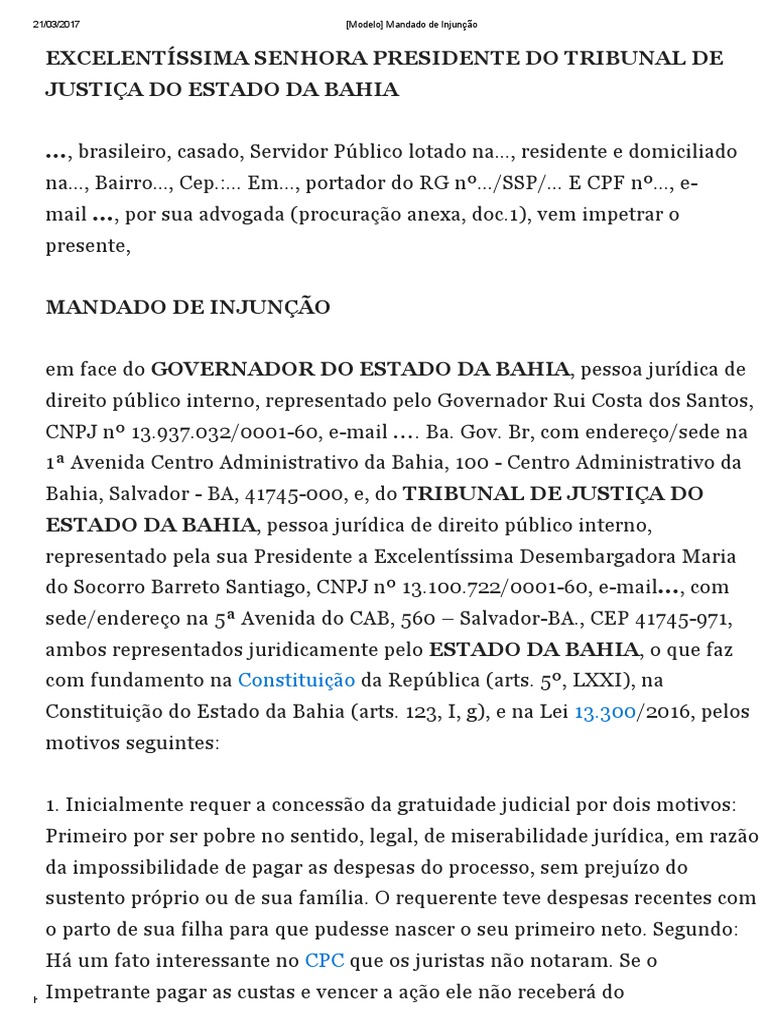 [Modelo] Mandado de Injunção 2017 Constituição Administração Pública
