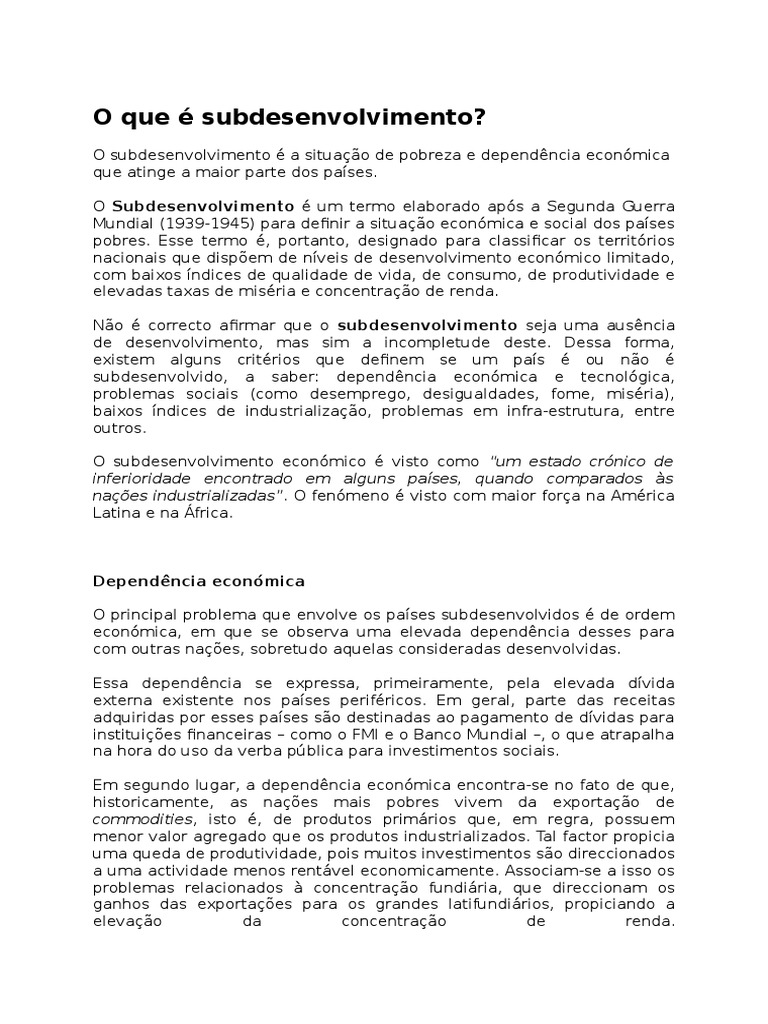 Subdesenvolvimento: Causas e Impactos Econômicos | PDF | Economia ...