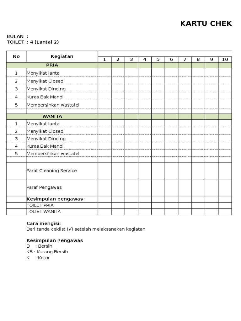 Form Kartu Cek List Kebersihan