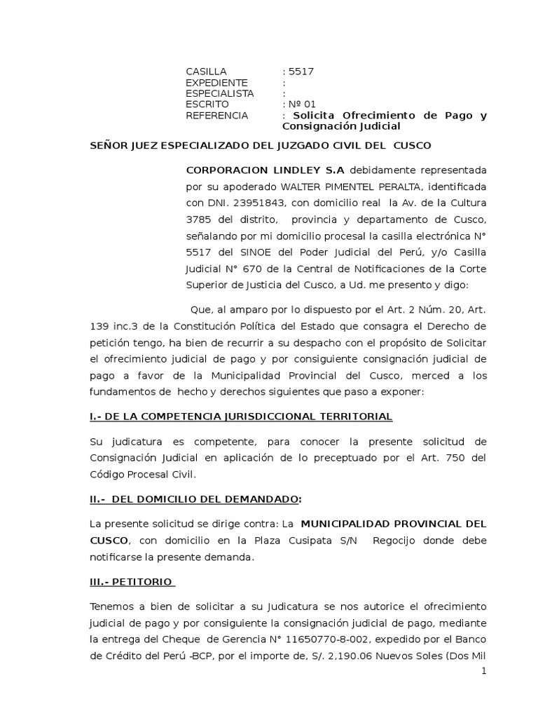 Solicitud de Consignacion Judicial. Corporacion PDF Demanda