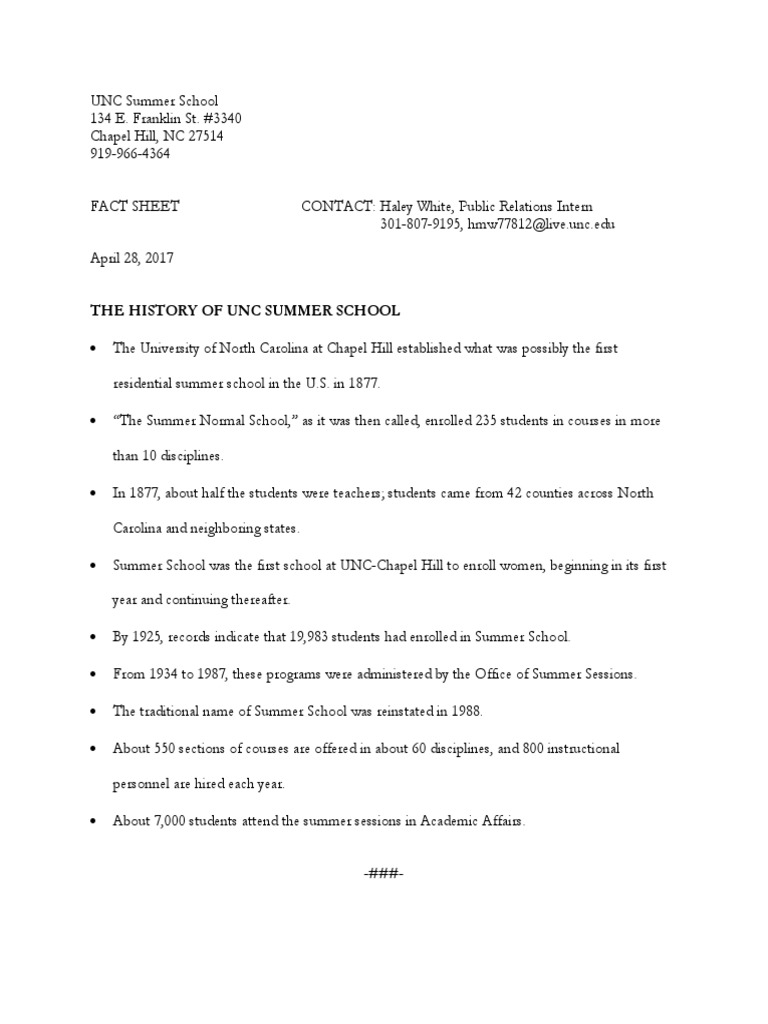 Fact Sheet Unc Summer School PDF