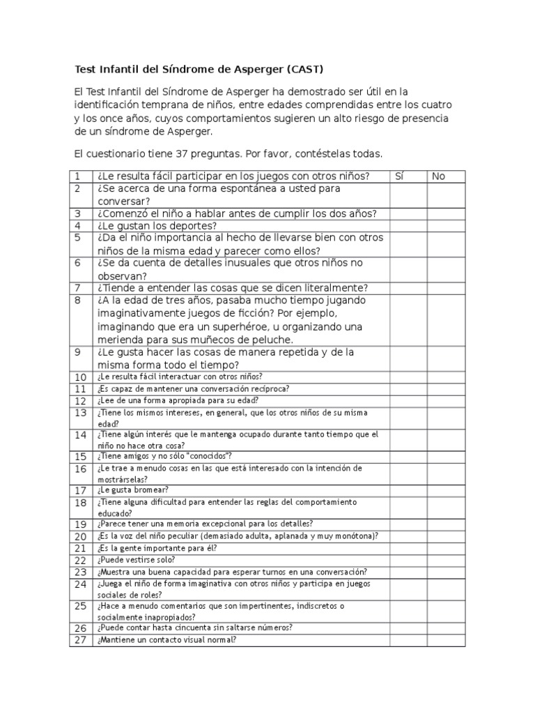 Test Infantil para Síndrome de Asperger | PDF | Síndrome de Asperger ...
