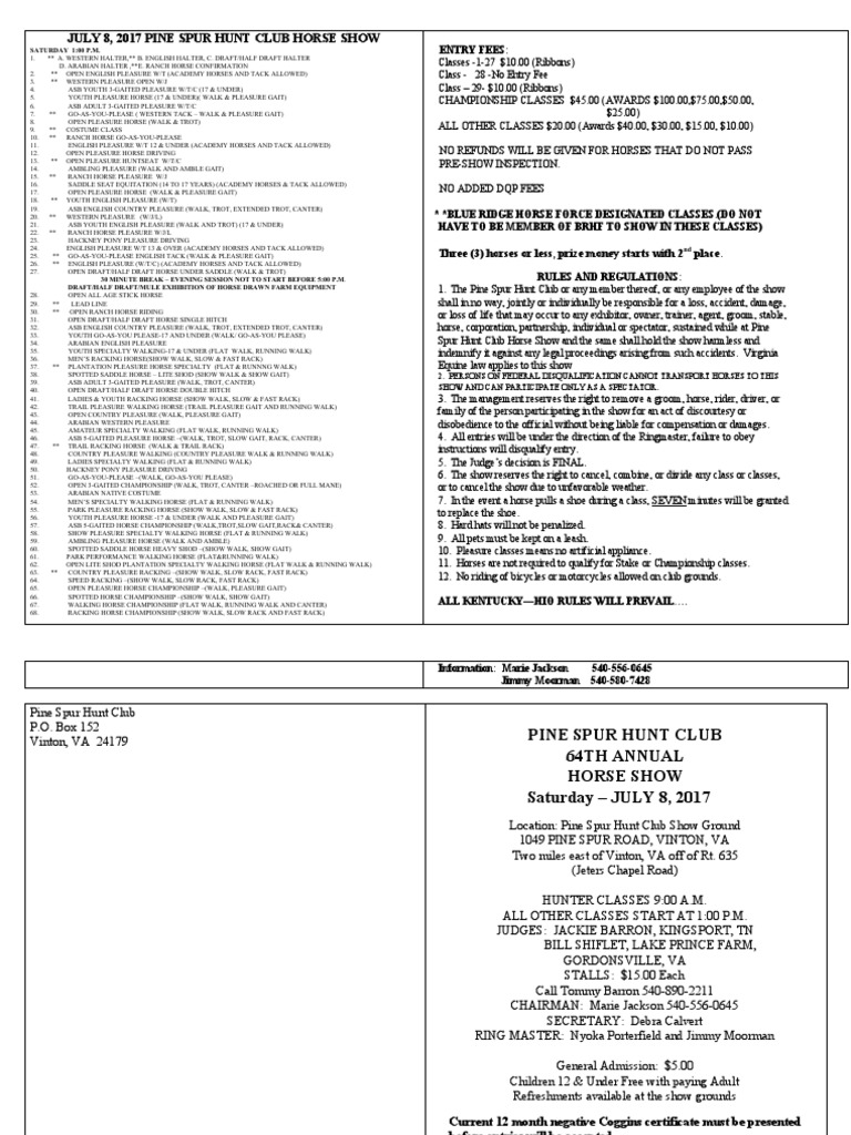 July 8, 2017 Pine Spur Hunt Club Horse Show Entry Fees PDF Horse