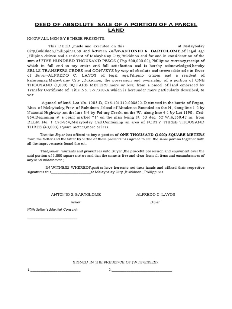 Deed Of Absolute Sale Sample Format