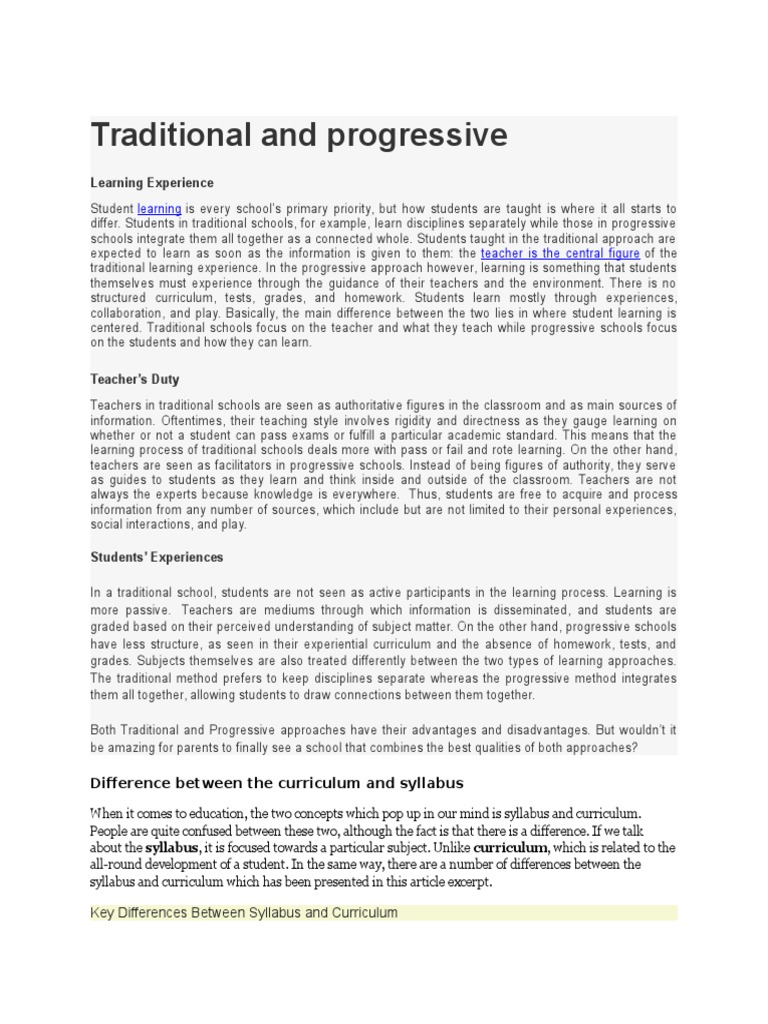 Traditional vs Progressive Curriculum Insights | PDF | Curriculum ...