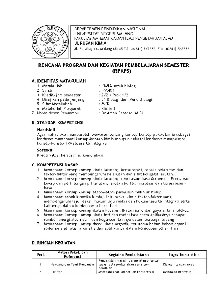 RPS KIMIA II Untuk Biologi | PDF