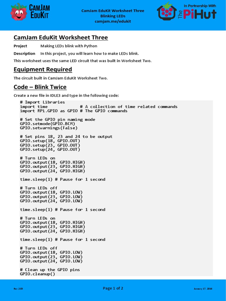 CamJam EduKit - Worksheet 3 - Blinking LEDs | PDF | Computer Hardware ...