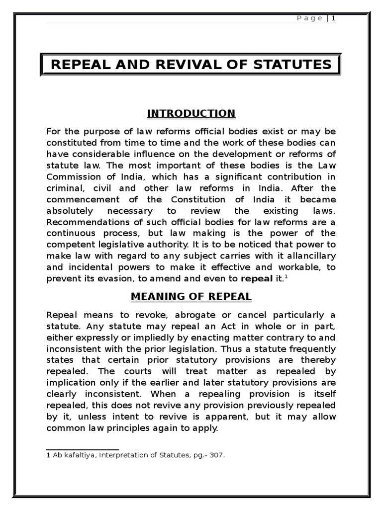 Repeal and Revival of Statutes PDF Repeal Statutory Law