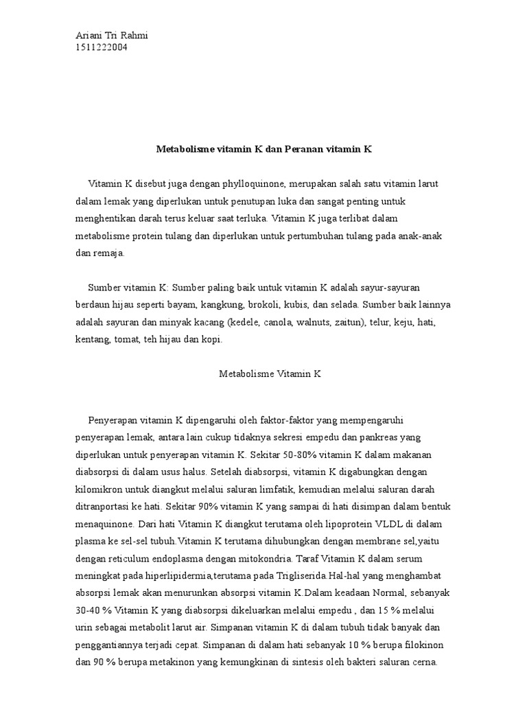 Metabolisme Vitamin K Dan Peranan Vitamin K PDF