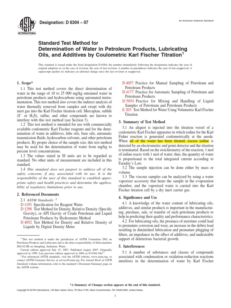 Determination of Water in Petroleum Products, Lubricating Oils, and Additives by Coulometric