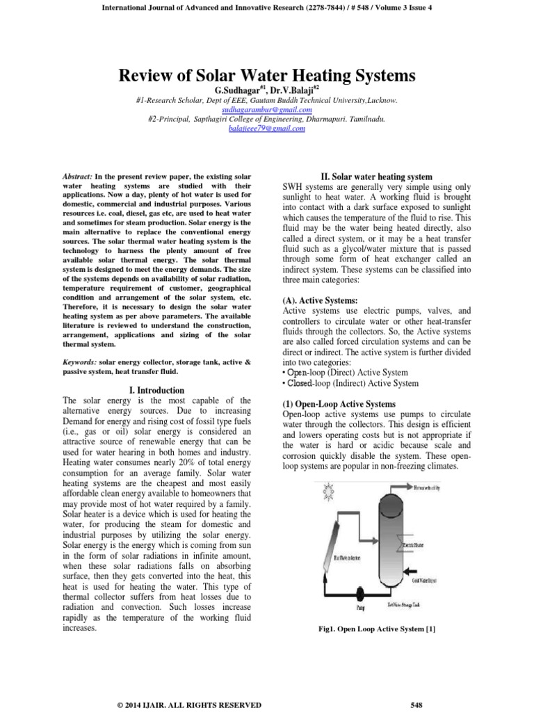 Review of Solar Water Heating Systems PDF Water Heating Solar Energy