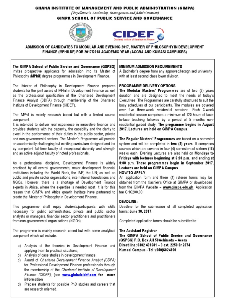 Master of Philosophy in Development Finance Program Announcement for