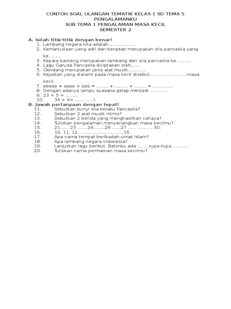 Contoh Soal Ulangan Tematik Kelas 1 Sd Tema 5 Pengalamanku Docx