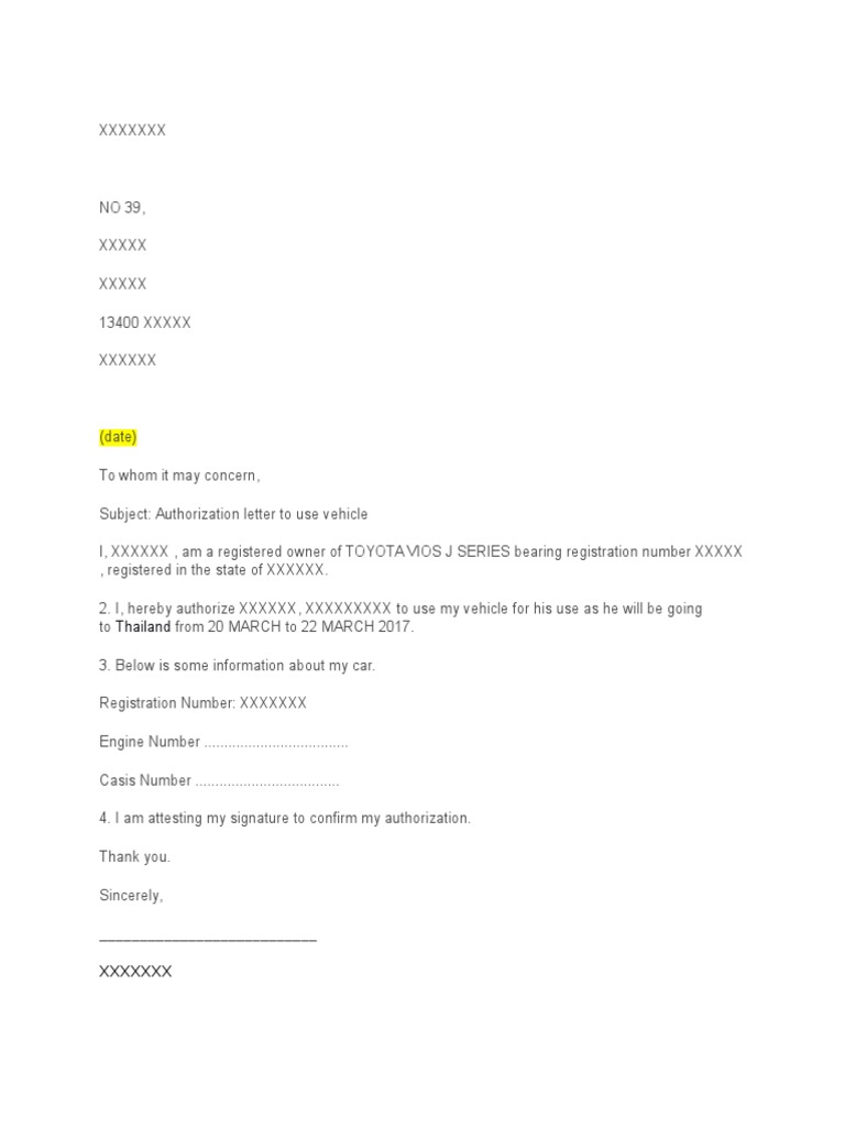 Car Owner Permission Letter