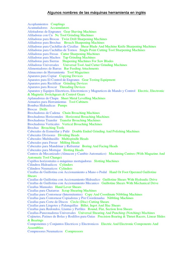 Nombres de máquinas y herramientas en inglés | PDF | Metalurgia ...