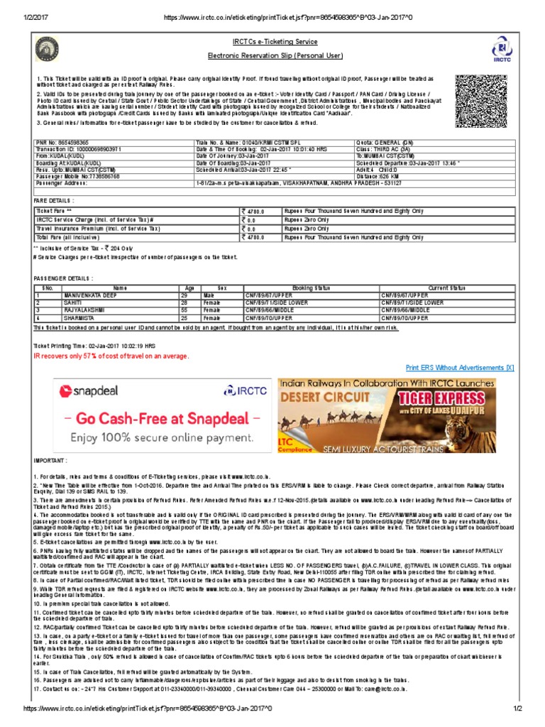 IRCTC e-Ticket Booking Details | PDF | Identity Document | Ticket ...