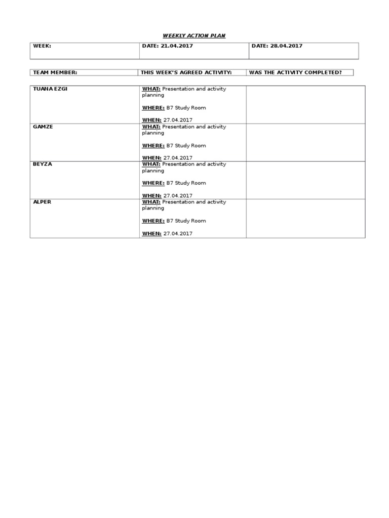Weekly Action Plan for Team Activities | PDF