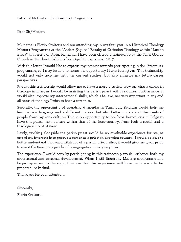 Motivation Letter Erasmus Example