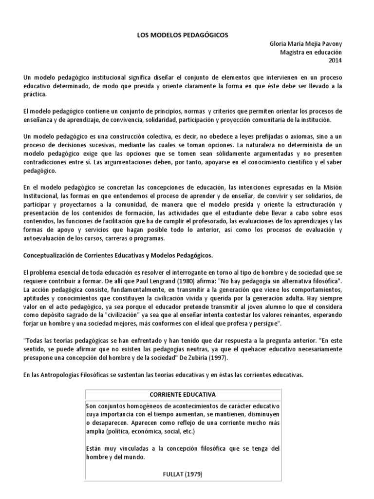 Lectura Los Modelos Pedagógicos | PDF | Maestros | Aprendizaje