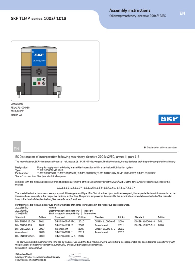 Assembly instructions SKF TLMP series 1008/ 1018 following machinery