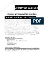 University of Kashmir: Csir-Net Aspirants Attention