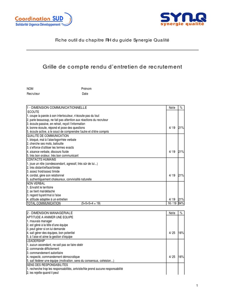 Exemple Compte Rendu D Entretien D Embauche Recruteur Pdf
