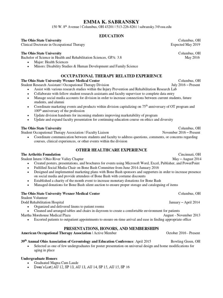 Emma K. Sabransky's Occupational Therapy CV | PDF | Ohio State ...