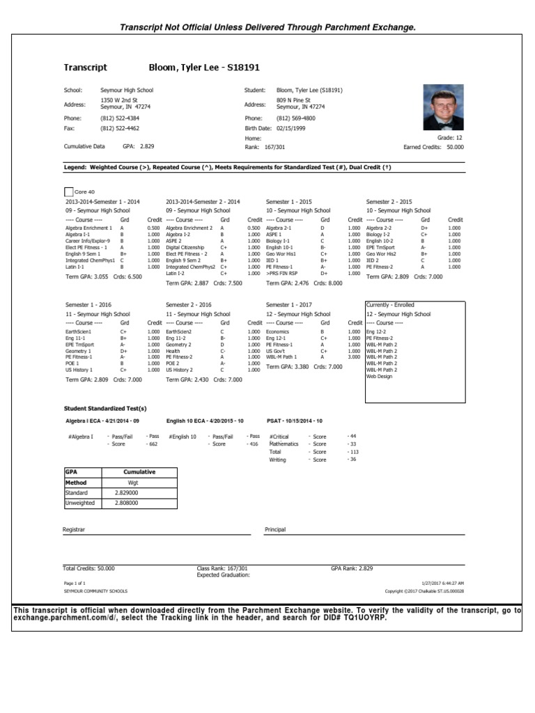 Transcript Not Official Unless Delivered Through Parchment Exchange