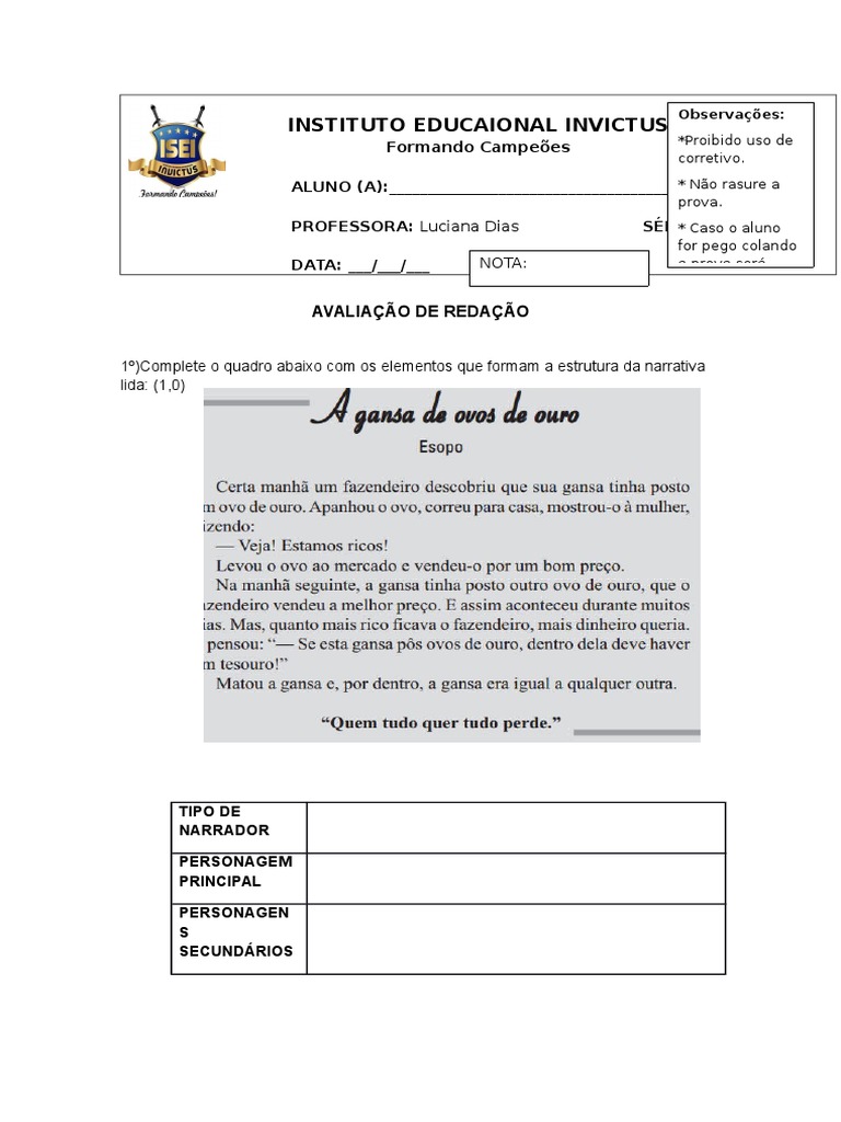 Avaliação de Redação 7º Ano | PDF | Narração | Lazer