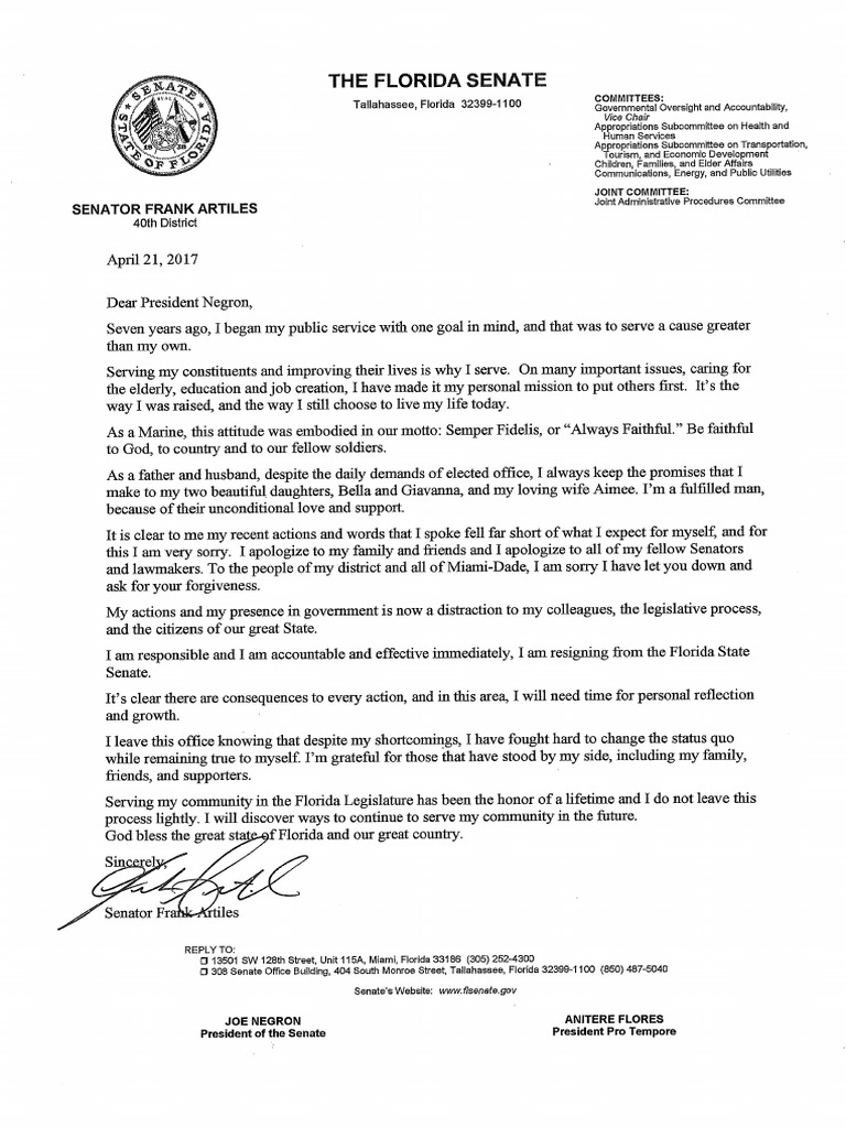 Sen. Artiles Resignation PDF United States Senate Government