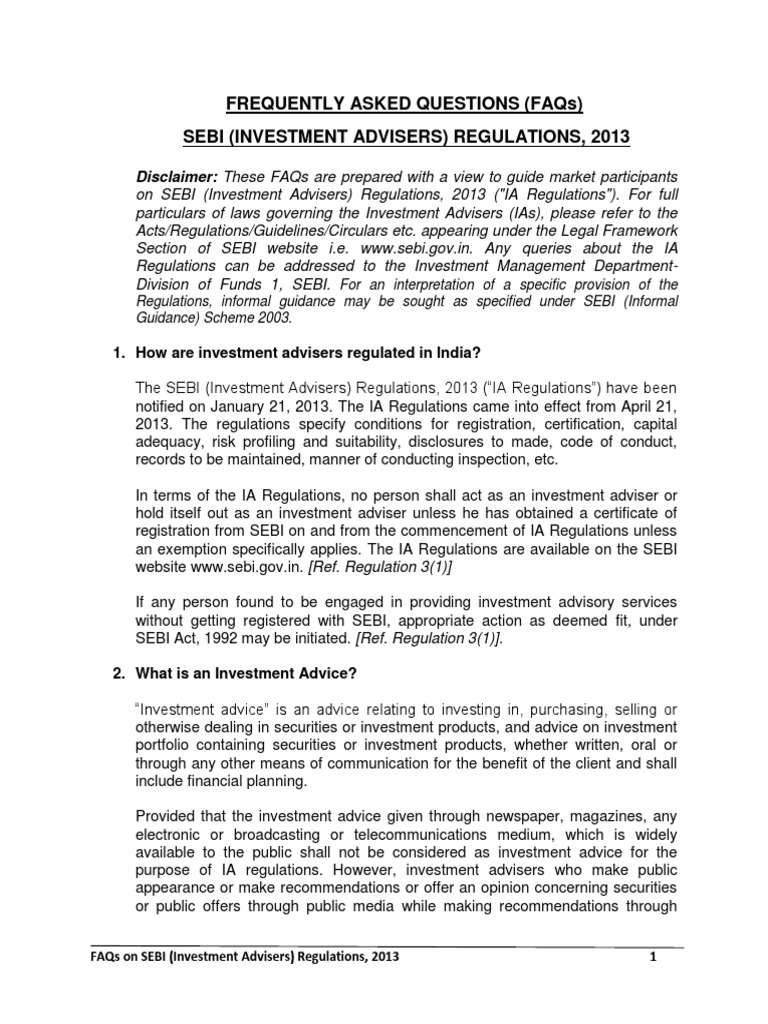 SEBI Investment Advisers Regulations FAQs | PDF | Finance & Money ...