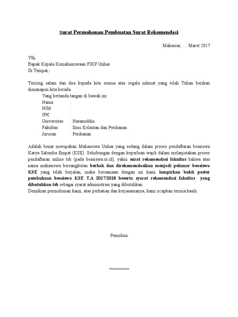Surat Permohonan Pembuatan Surat Rekomendasi Fakultas