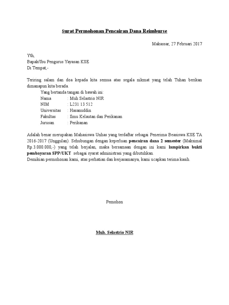 Surat Permohonan Pencairan Dana Reimburse