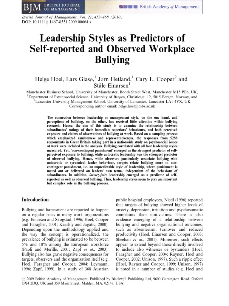 Leadership Styles As Predictors of Self-Reported and Observed Workplace ...