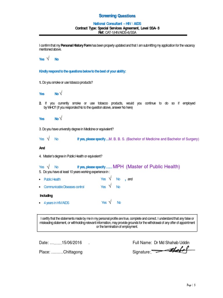 Screening Questions - VN - NC - HIV AIDS Vacancy - DR Shahab - 2010 ...