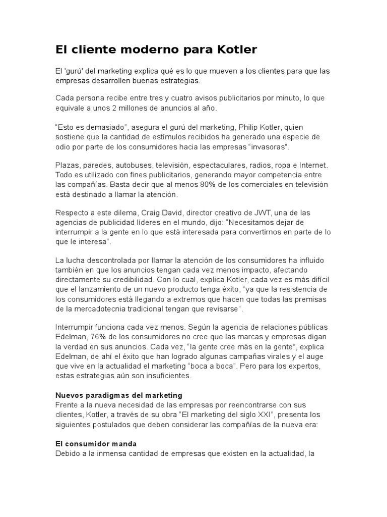 El Cliente Moderno para Kotler | PDF | Marketing | Publicidad