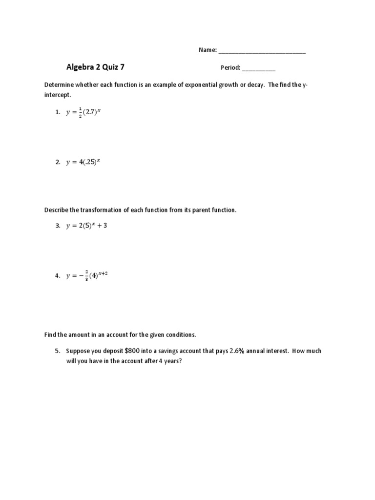 Algebra 2 Quiz 7 | PDF